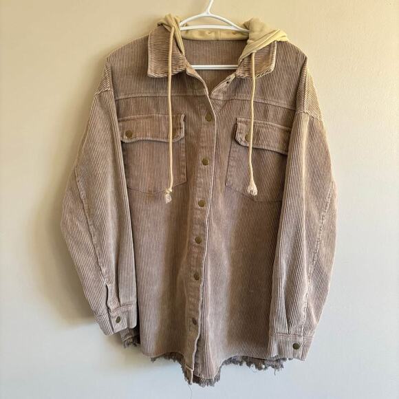 Corduroy Jacket Button Up Hooded Long Sleeve Brown - Womens Size XL - Picture 1 of 7